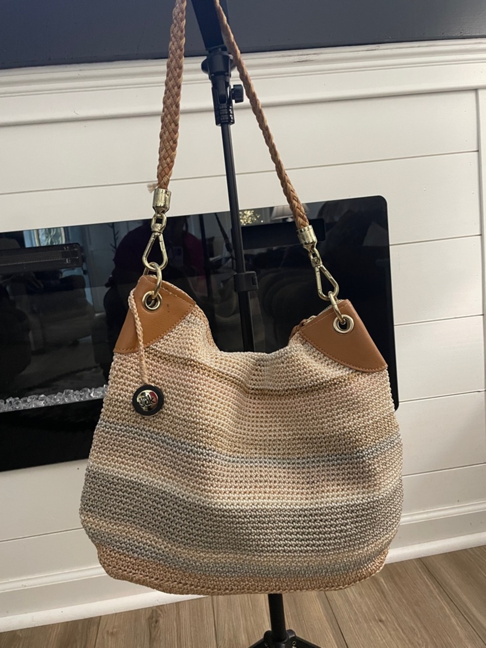 Woven Straw Shoulder Bag with Braided Strap - Tan/Cream